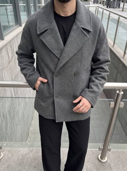 Erkek Kısa Kruvaze Kaşe Kaban Ceket Füme - XL