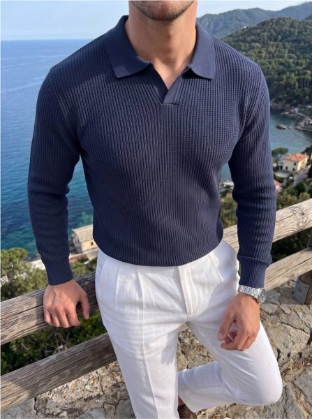 Erkek Düğmesiz Polo Yaka Örme Triko Kazak Laci̇vert - XL