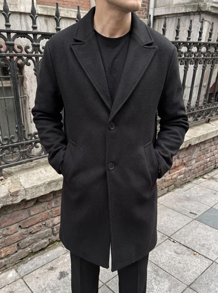 Erkek Oversize Uzun Kaşe Kaban Ceket Si̇yah - XL