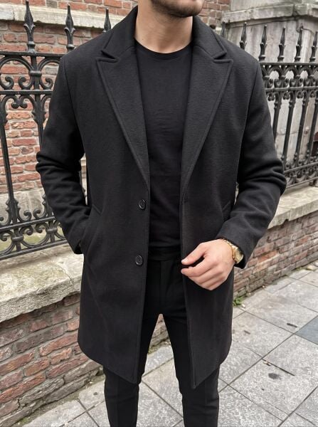 Erkek Oversize Uzun Kaşe Kaban Ceket Si̇yah - XL