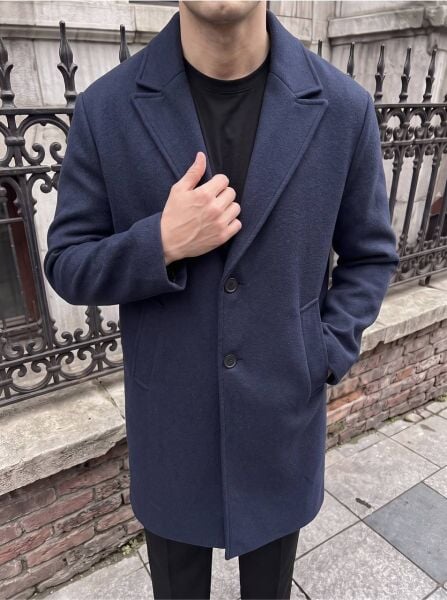 Erkek Oversize Uzun Kaşe Kaban Ceket Laci̇vert - XL