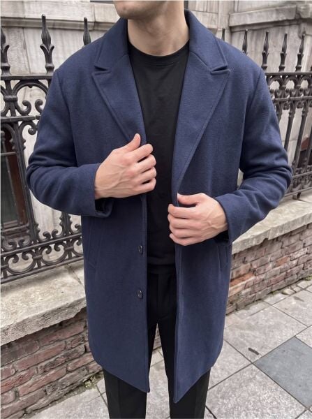 Erkek Oversize Uzun Kaşe Kaban Ceket Laci̇vert - XL