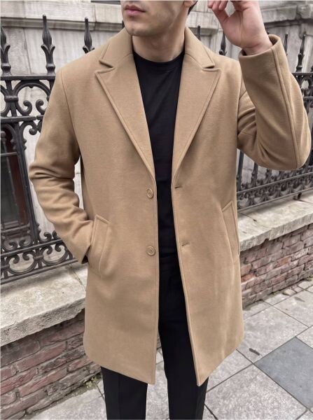 Erkek Oversize Uzun Kaşe Kaban Ceket Taba - XL