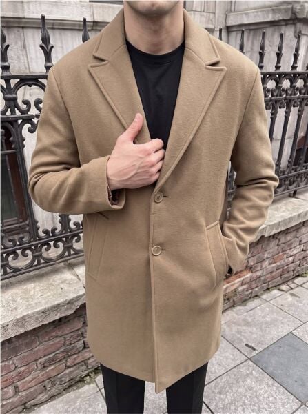 Erkek Oversize Uzun Kaşe Kaban Ceket Taba - XL