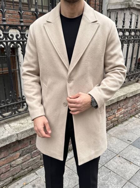 Erkek Oversize Uzun Kaşe Kaban Ceket Bej - XL