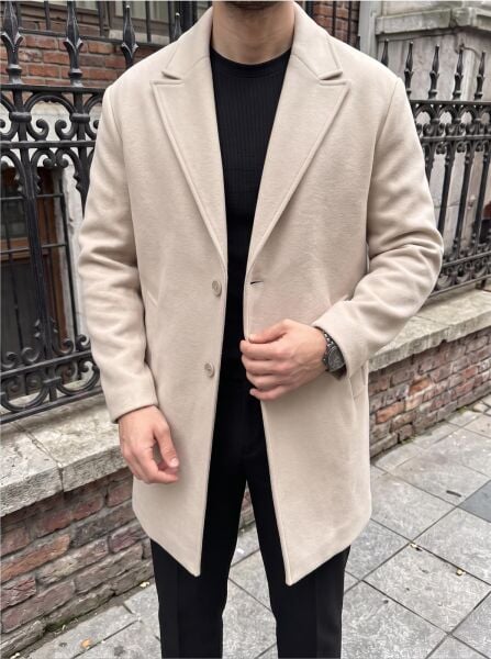 Erkek Oversize Uzun Kaşe Kaban Ceket Bej - XL