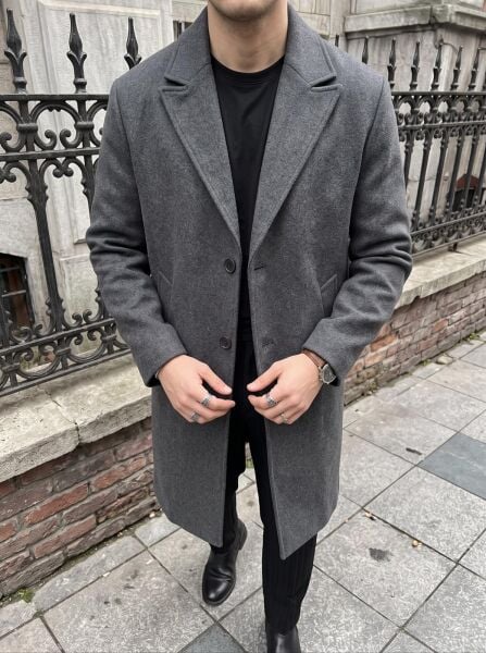 Erkek Oversize Uzun Kaşe Kaban Ceket Füme - S