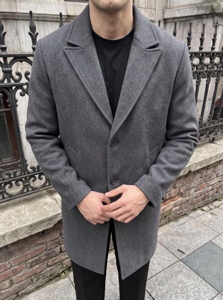 Erkek Oversize Uzun Kaşe Kaban Ceket Füme - S