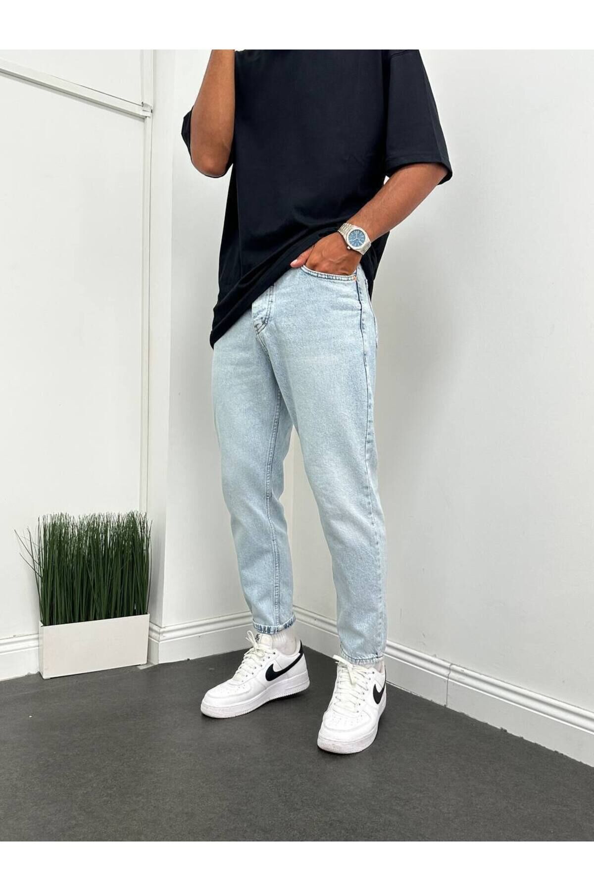 Erkek Boyfriend Yüksek Bel Bilek Boy Kot Pantolon Mavi - 36