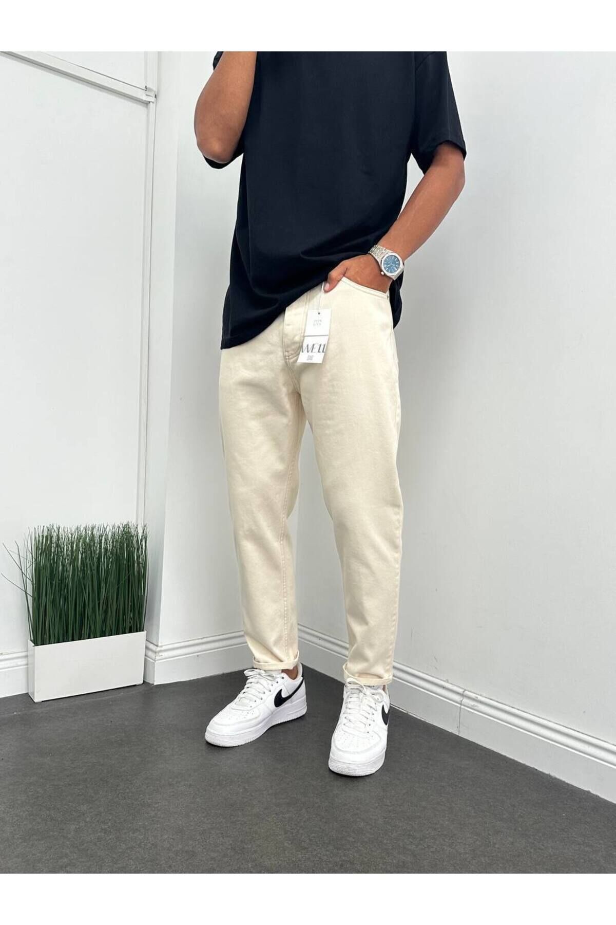 Erkek Boyfriend Yüksek Bel Bilek Boy Kot Pantolon Krem - 31
