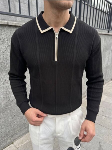 Erkek Yaka Detaylı Çizgili Triko Kazak Si̇yah - XL