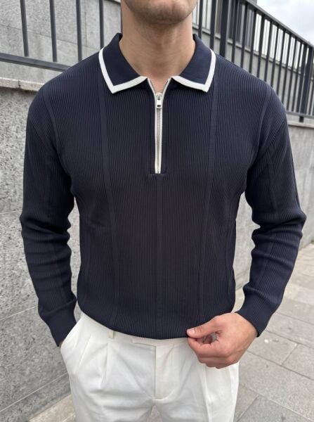Erkek Yaka Detaylı Çizgili Triko Kazak Laci̇vert - XL