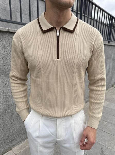 Erkek Yaka Detaylı Çizgili Triko Kazak Krem - XL