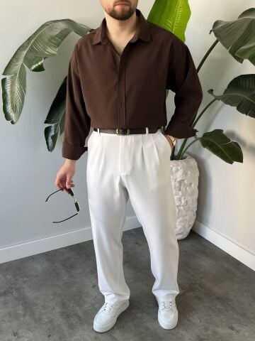 Erkek Hafif Kalın Modal Oversize Gömlek Kahverengi̇ - 2XL