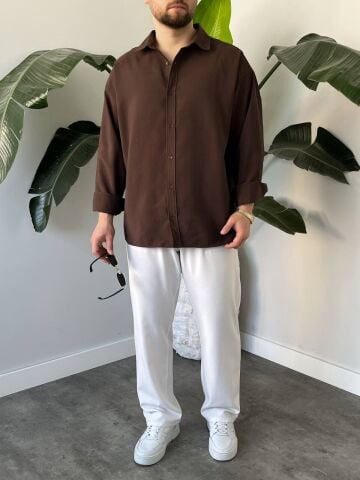 Erkek Hafif Kalın Modal Oversize Gömlek Kahverengi̇ - 2XL